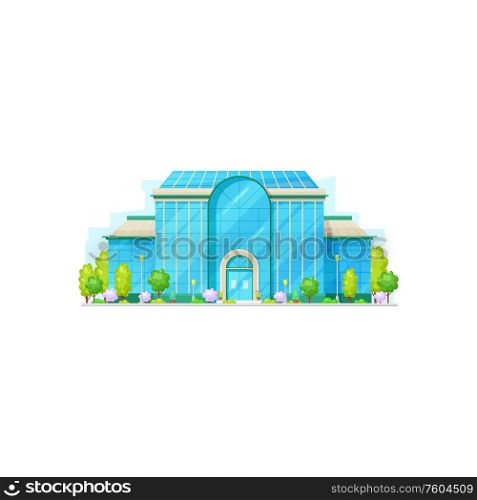 Modern building facade exterior isolated museum or hospital. Vector city institution, trees and entrance. Museum, hospital, cinema theater modern building