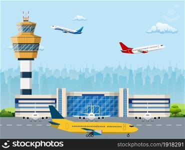Modern building of airport terminal with control tower. Runway with planes. Vector illustration in flat style. Modern building of airport terminal