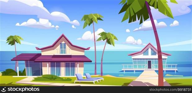 Modern bungalows on island resort beach, tropical summer landscape with houses on piles with terrace, palm trees and ocean view. Wooden private villas, hotel or cottages, Cartoon vector illustration. Modern bungalows on island resort beach, seaside