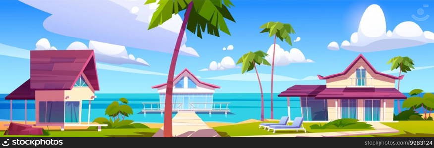 Modern bungalows on island resort beach, tropical summer landscape with houses on piles with terrace, palm trees and ocean view. Wooden private villas, hotel or cottages, Cartoon vector illustration. Modern bungalows on island resort beach, seaside