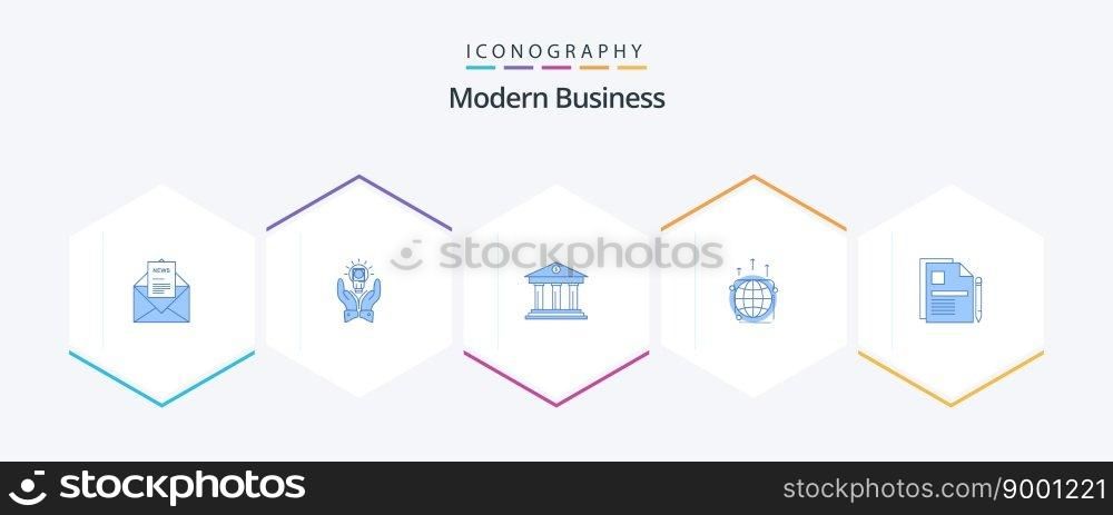 Modern Business 25 Blue icon pack including globe. money. hand. building. business