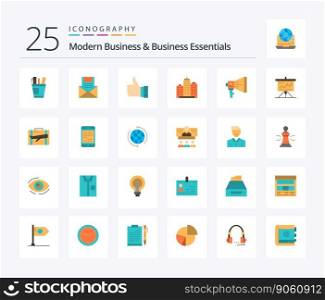 Modern Business And Business Essentials 25 Flat Color icon pack including hand. finger. communication. like. mail
