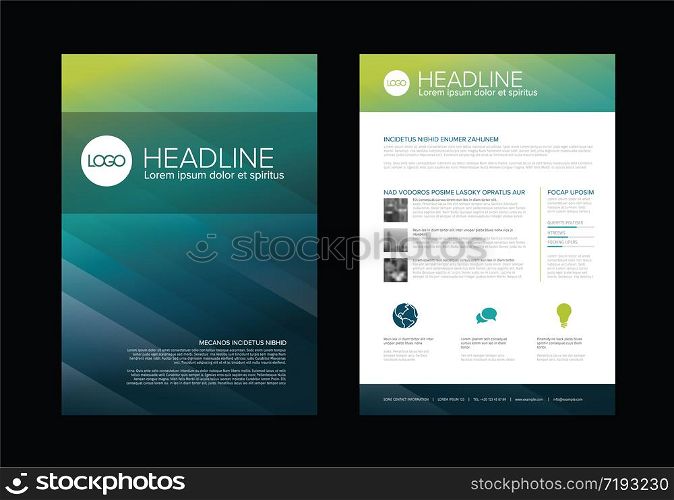 Modern business brochure flyer vector template design with photos, icons and sample content - green blue version. Modern brochure template flyer design vector template