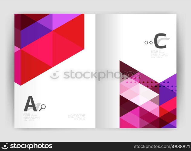 Modern business brochure or leaflet A4 cover template. Abstract background with color triangles, annual report print backdrop. Vector design for workflow layout, diagram, number options or web design