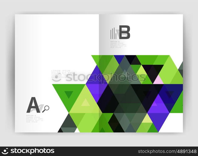 Modern business brochure or leaflet A4 cover template. Abstract background with color triangles, annual report print backdrop. Vector design for workflow layout, diagram, number options or web design