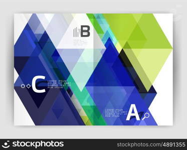 Modern business brochure or leaflet A4 cover template. Abstract background with color triangles, annual report print backdrop. Vector design for workflow layout, diagram, number options or web design