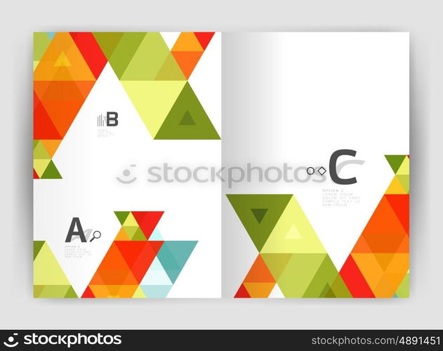 Modern business brochure or leaflet A4 cover template. Abstract background with color triangles, annual report print backdrop. Vector design for workflow layout, diagram, number options or web design