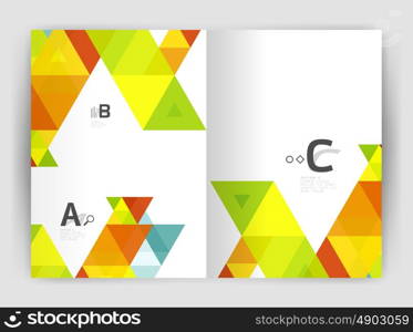 Modern business brochure or leaflet A4 cover template. Abstract background with color triangles, annual report print backdrop. Vector design for workflow layout, diagram, number options or web design