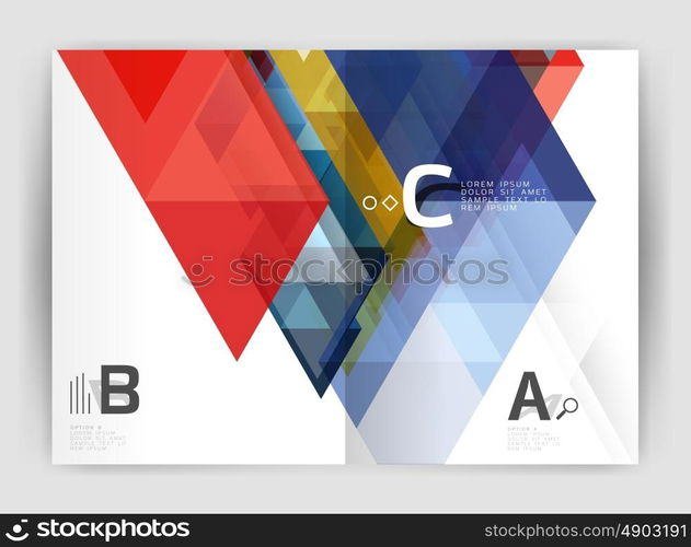 Modern business brochure or leaflet A4 cover template. Abstract background with color triangles, annual report print backdrop. Vector design for workflow layout, diagram, number options or web design