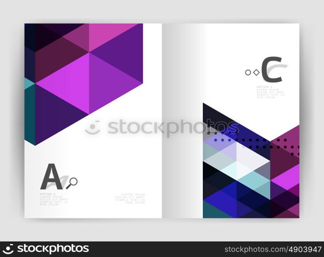 Modern business brochure or leaflet A4 cover template. Abstract background with color triangles, annual report print backdrop. Vector design for workflow layout, diagram, number options or web design