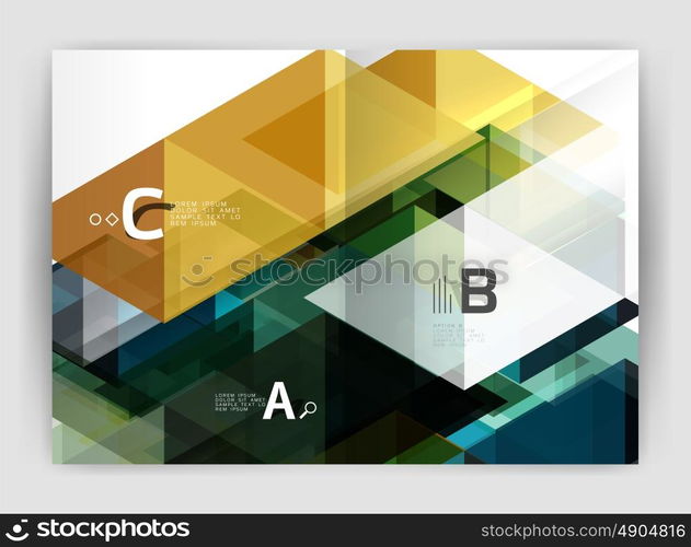 Modern business brochure or leaflet A4 cover template. Abstract background with color triangles, annual report print backdrop. Vector design for workflow layout, diagram, number options or web design