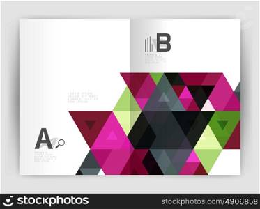 Modern business brochure or leaflet A4 cover template. Modern business brochure or leaflet A4 cover template. Abstract background with color triangles, annual report print backdrop. Vector design for workflow layout, diagram, number options or web design