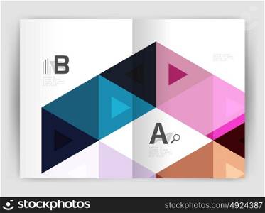 Modern business brochure or leaflet A4 cover template. Modern business brochure or leaflet A4 cover template. Abstract background with color triangles, annual report print backdrop. Vector design for workflow layout, diagram, number options or web design