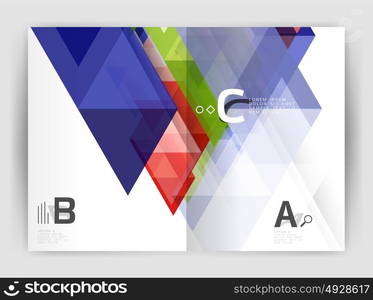 Modern business brochure or leaflet A4 cover template. Modern business brochure or leaflet A4 cover template. Abstract background with color triangles, annual report print backdrop. Vector design for workflow layout, diagram, number options or web design