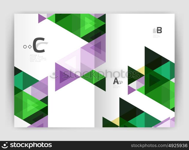 Modern business brochure or leaflet print cover template. Modern business brochure or leaflet print cover template. Abstract background with color triangles. Vector design for workflow layout, diagram, number options or web design