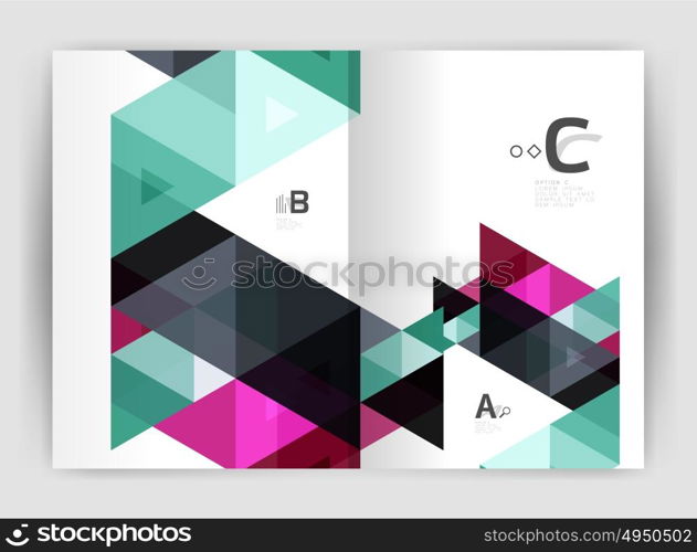 Modern business brochure or leaflet print cover template. Modern business brochure or leaflet print cover template. Abstract background with color triangles. Vector design for workflow layout, diagram, number options or web design