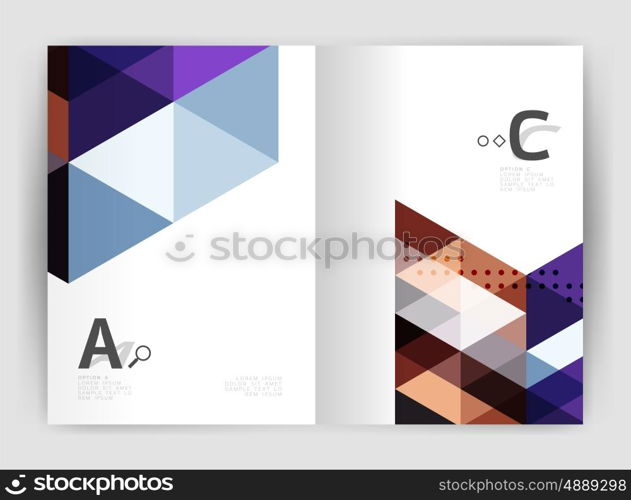 Modern business brochure or leaflet print cover template. Abstract background with color triangles. Vector design for workflow layout, diagram, number options or web design