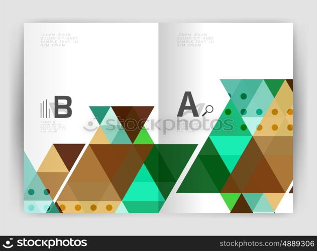 Modern business brochure or leaflet print cover template. Abstract background with color triangles. Vector design for workflow layout, diagram, number options or web design