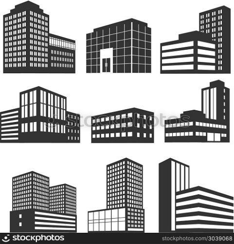 Modern business buildings black vector icons isolated on white. Modern business buildings black vector icons isolated on white background. Set of skyscrapers urban office illustration