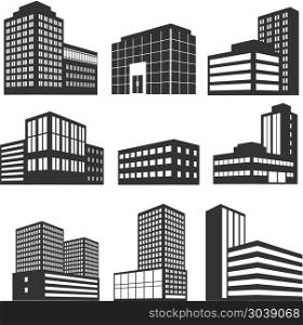 Modern business buildings black vector icons isolated on white. Modern business buildings black vector icons isolated on white background. Set of skyscrapers urban office illustration