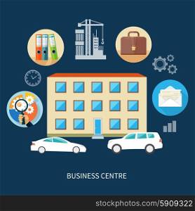 Modern business center concept with item icons in flat design. In front of the business center are cars. Modern business center