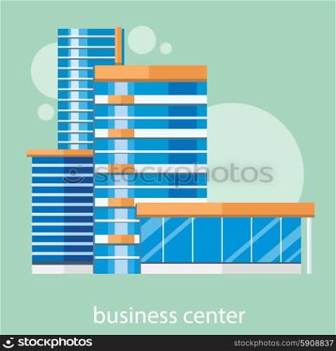 Modern business center concept with item icons in flat design. Building glass. Modern business center