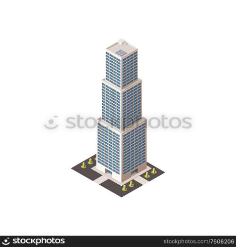 Modern business center, isolated fashionable building with shadow. Vector real estate houses in 3D isometric design, multi-storey skyscraper. City architecture, commercial tower with offices. Skyscraper in isometric design