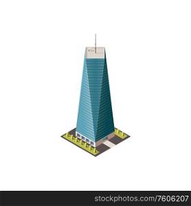 Modern business center, isolated fashionable building with shadow. Vector real estate houses in 3D isometric design, multi-storey skyscraper. City architecture, commercial tower with offices. Skyscraper in isometric design