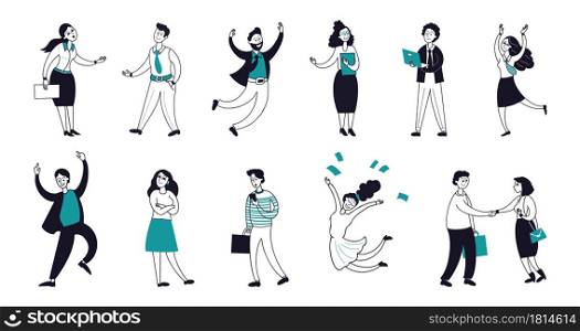 Modern business characters. Employee enjoying, outline workers company. Young office people, smiling professional vector set. Modern businessman and businesswoman, colleague professional illustration. Modern business characters. Employee enjoying, outline workers company. Young happy office people, smiling professional decent vector set