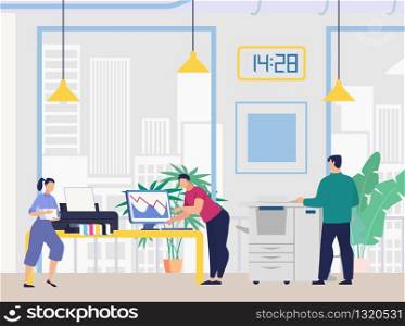 Modern Business Company Office Flat Vector Concept with Employees Team, Office Workers, Using Computer, Working with Electronic Equipment, Printing, Scanning Documents, Doing Daily Work Illustration