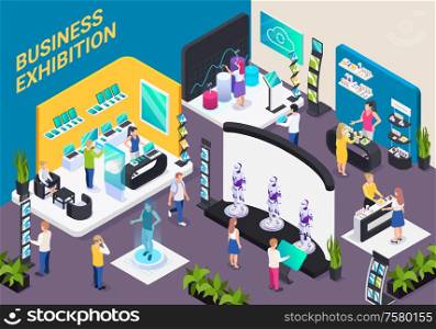 Modern business innovative technology exhibition hall isometric composition with electronic devices robots promotion stands visitors vector illustration