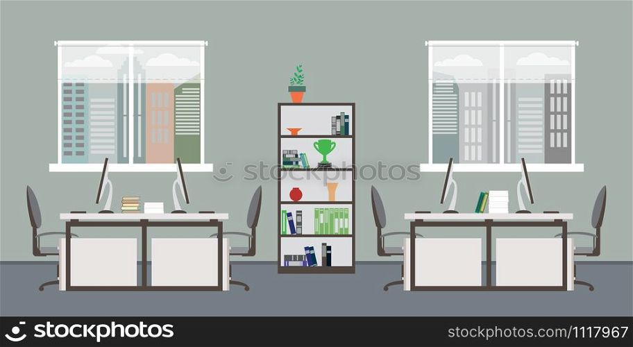 Modern business office or coworking workplace,interior design with furniture and two windows,flat vector illustration. ,interior design with furniture and two windows
