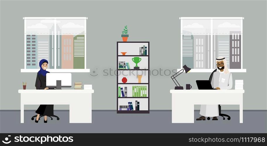 Modern business office or coworking workplace,interior design with furniture,arab business people working,flat vector illustration. Modern business office or coworking place,interior design with f