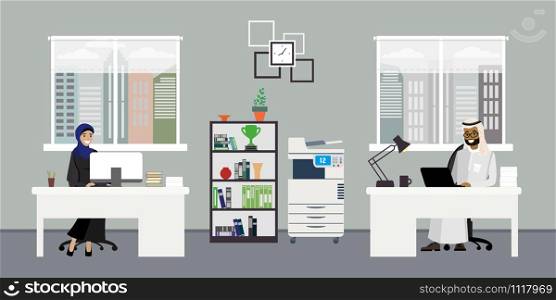 Modern business office or coworking workplace,interior design with furniture,arab business people working,flat vector illustration. Modern business office or coworking place,interior design with f