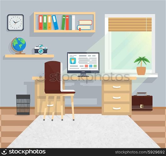 Modern business office workspace with desk, computer with interface, books in minimalistic style and color. Part of the workflow. For web banners, marketing and promotional materials, presentation