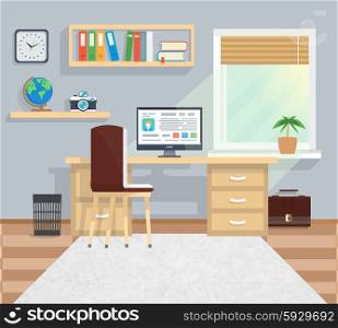 Modern business office workspace with desk, computer with interface, books in minimalistic style and color. Part of the workflow. For web banners, marketing and promotional materials, presentation