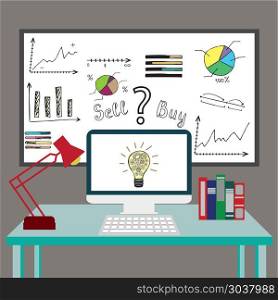modern business or finance workspace in the office. Design stylish vector illustration of modern financial organization or business working in the office. modern business or finance workspace in the office