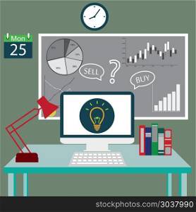 modern business or finance workspace in the office. Flat design stylish vector illustration of modern financial organization or business working in the office. modern business or finance workspace in the office