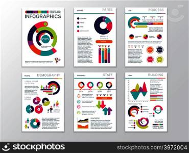 Modern business presentation documents with graphics and infographic charts. Corporate marketing vector template brochure pages. Documents with color graphic for presentation illustration. Modern business presentation documents with graphics and infographic charts. Corporate marketing vector template brochure pages