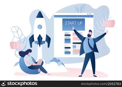 Modern business startup,happy successful businessman and female programmer,spaceship takeoff,web page with new application,trendy style vector illustration