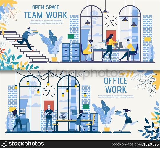 Modern Business Startup, Investment Project Flat Vector Advertising Banner, Poster Templates Set with Company Employees, Professional Business Team Working in Open Space Coworking Office Illustration