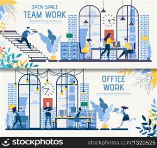 Modern Business Startup, Investment Project Flat Vector Advertising Banner, Poster Templates Set with Company Employees, Professional Business Team Working in Open Space Coworking Office Illustration