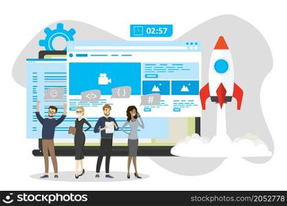 Modern business startup,website development,happy successful business team,spaceship takeoff,pages with new application,front-end and back-end develop,flat vector illustration