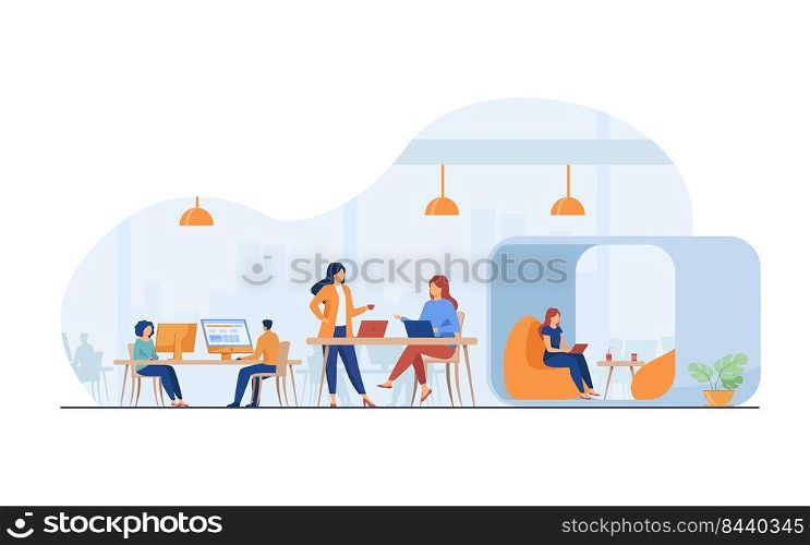 Modern business team working in open office space. Young people using laptop computers in creative co-working interior. Vector illustration for teamwork, community, work on project concept