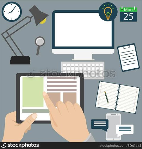 modern business workspace in the office. Flat design stylish vector illustration of modern business workspace in the office