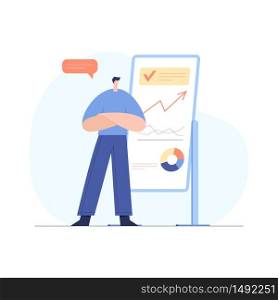 Modern businessman interacting with charts and analysing statistics. Cute cartoon male character demonstrating development strategy on the stand, data visualisation. Flat vector illustration.