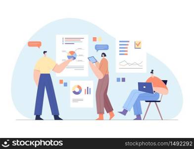 Modern businessmen characters interacting with charts and analysing statistics. Customer tracking software, data visualisation. Office work concept, team partnership. Flat vector illustration.