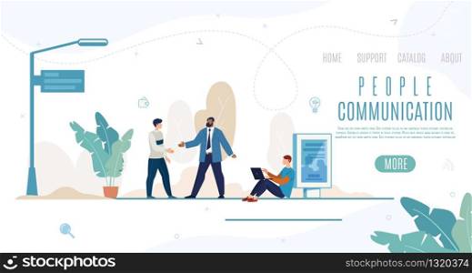 Modern Businesspeople Communication Flat Vector Web Banner, Landing Page Template. Businessman Welcoming and Handshaking with Employee on Street, Man Networking, Chatting Online on Laptop Illustration