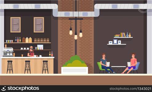Modern Cafe Interior with Barista in Bar Counter. Happy Guy Company Sitting at Table and Hold Menu. Friends Meeting at Restaurant, Order Cappuchino or Tea and Bakery. People Character Illustration.. Cafe Interior. Barista and Visitors. Flat Vector