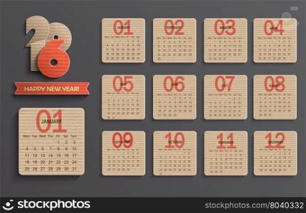 Modern calendar 2016 in a paper official style. Cardboard Calendar Design. Vector illustration.. Calendar on 2016.